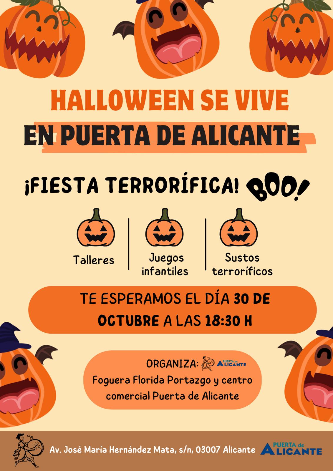 Cartel Halloween se vive en Puerta de Alicante: fiesta terrorífica el 30 de octubre a las 18:30 h con talleres, juegos infantiles y sustos